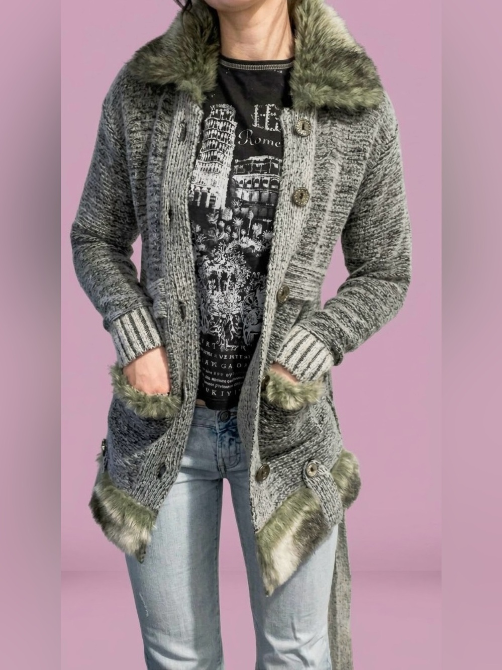 Y2k 2000’s vintage faux fur duster cardigan jacket whimsigoth fairy grunge